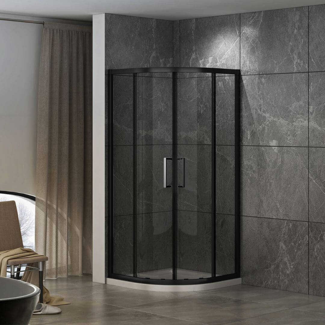 Slika proizvoda ARMAL DOMINO TUŠ KABINA POLUKRUŽNA 90 KLIK CRNI PROFIL crni profil; prozirno staklo 6 mm, 90x90x190