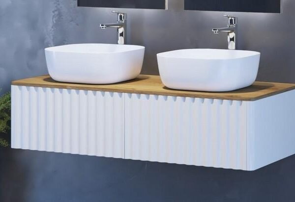 Slika proizvoda ARMAL AMARILIS VAL 1 BIJELA BAZA 125x53,5x30 cm, VISEĆI ELEMENT 1 LADICA, FRONTA VALOVI, KORPUS BIJELA MAT, PLOČA HRAST