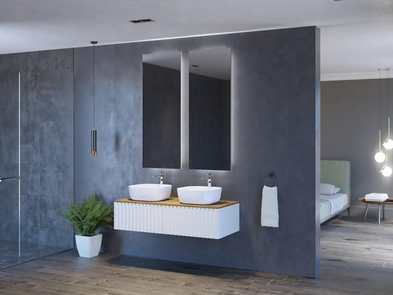 Slika proizvoda ARMAL AMARILIS VAL 1 BIJELA BAZA 125x53,5x30 cm, VISEĆI ELEMENT 1 LADICA, FRONTA VALOVI, KORPUS BIJELA MAT, PLOČA HRAST