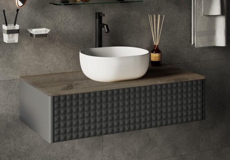 Slika proizvoda ARMAL AMARILIS BAZA Š85 VISEĆI ELEMENT- 1 LADICA- FRONTA PIRAMIDA korpus siva mat; fronta antracit; bočnice antracit; ploča hrast tamni bez izreza; 85x53,5x30 cm