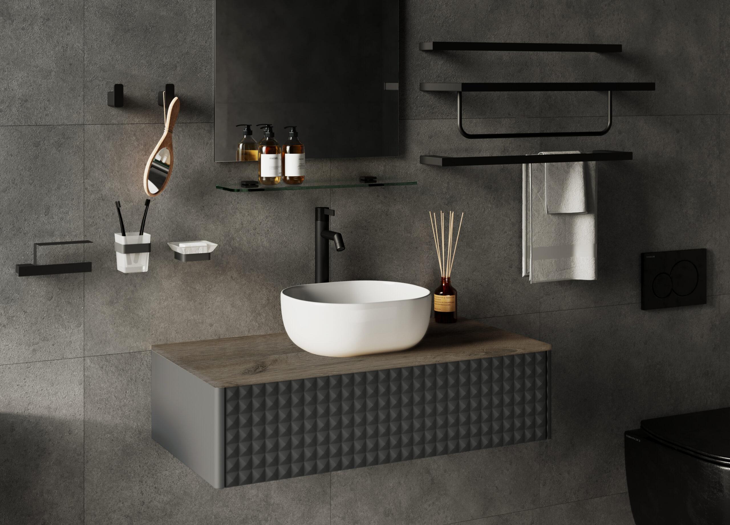 Slika proizvoda ARMAL AMARILIS BAZA Š85 VISEĆI ELEMENT- 1 LADICA- FRONTA PIRAMIDA korpus siva mat; fronta antracit; bočnice antracit; ploča hrast tamni bez izreza; 85x53,5x30 cm