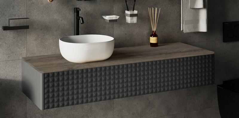 Slika proizvoda ARMAL AMARILIS PIRAMIDA 1 ANTRACIT BAZA 125x53,5x30 cm, VISEĆI ELEMENT 1 LADICA, FRONTA PIRAMIDA, KORPUS SIVA MAT, PLOČA HRAST