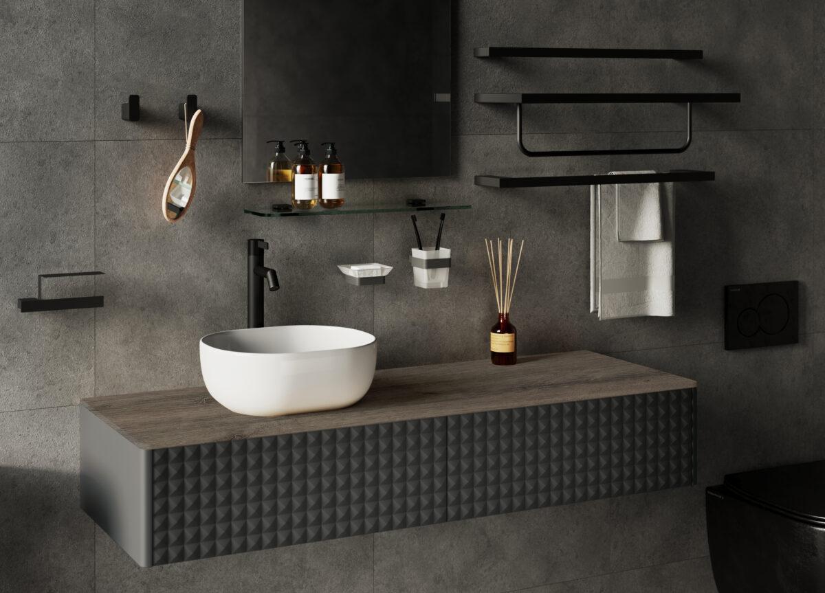 Slika proizvoda ARMAL AMARILIS PIRAMIDA 1 ANTRACIT BAZA 125x53,5x30 cm, VISEĆI ELEMENT 1 LADICA, FRONTA PIRAMIDA, KORPUS SIVA MAT, PLOČA HRAST