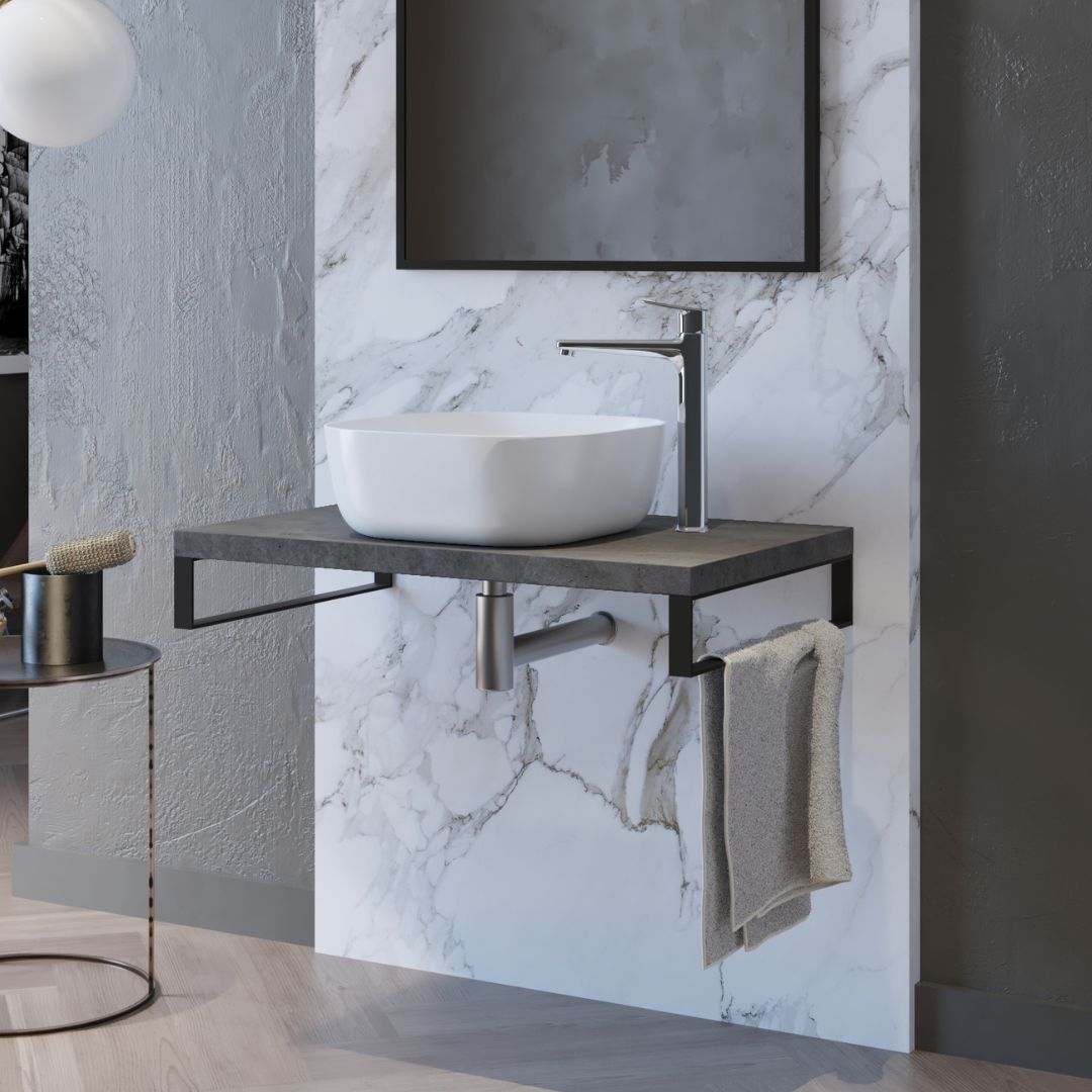 Slika proizvoda ARMAL DESK BAZA VISEĆEG ELEMENTA ZA UMIVAONIK Š80 ploča tamni beton; crni nosači; 80x50 cm